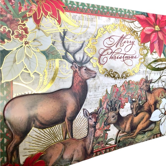 Punch Studio Single (1) Poinsettia Deers 3D Die-Cut Embellished Card Env (64460) - Picture 3 of 7